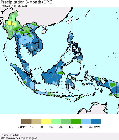 South East Asia Precipitation 3-Month (CPC) Thematic Map For 8/26/2021 - 11/25/2021