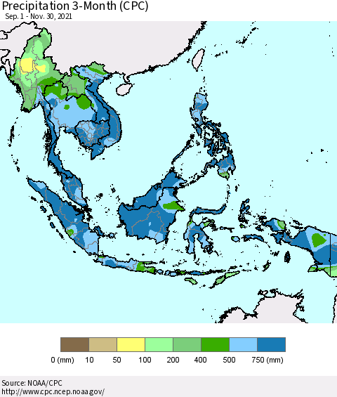 South East Asia Precipitation 3-Month (CPC) Thematic Map For 9/1/2021 - 11/30/2021