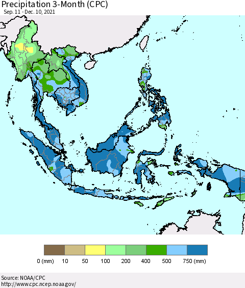 South East Asia Precipitation 3-Month (CPC) Thematic Map For 9/11/2021 - 12/10/2021