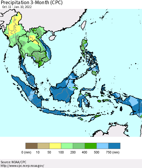 South East Asia Precipitation 3-Month (CPC) Thematic Map For 10/11/2021 - 1/10/2022
