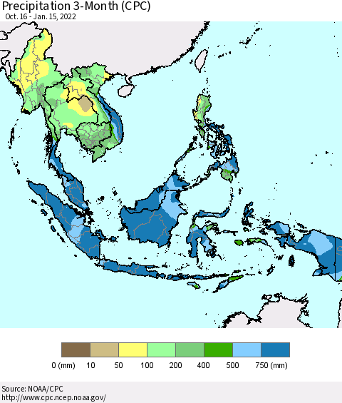 South East Asia Precipitation 3-Month (CPC) Thematic Map For 10/16/2021 - 1/15/2022
