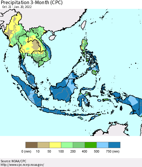 South East Asia Precipitation 3-Month (CPC) Thematic Map For 10/21/2021 - 1/20/2022