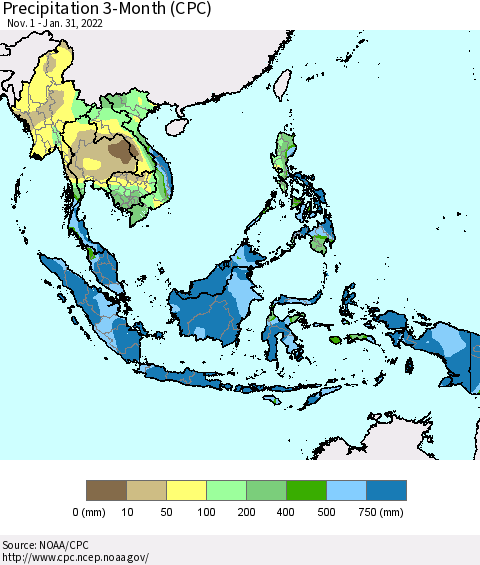 South East Asia Precipitation 3-Month (CPC) Thematic Map For 11/1/2021 - 1/31/2022