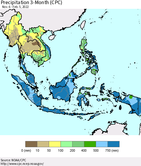 South East Asia Precipitation 3-Month (CPC) Thematic Map For 11/6/2021 - 2/5/2022