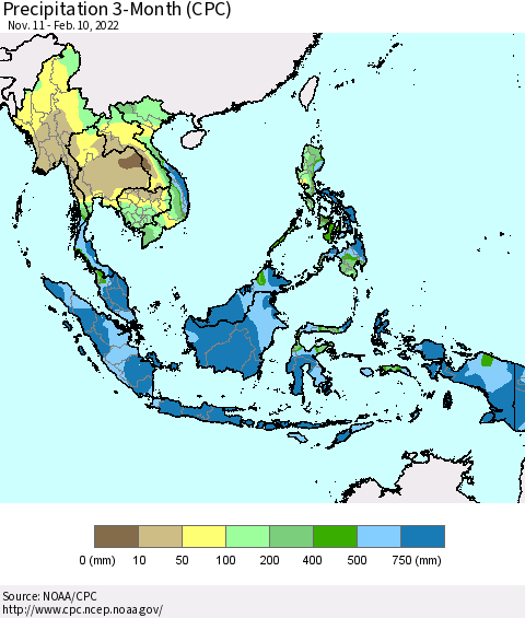 South East Asia Precipitation 3-Month (CPC) Thematic Map For 11/11/2021 - 2/10/2022