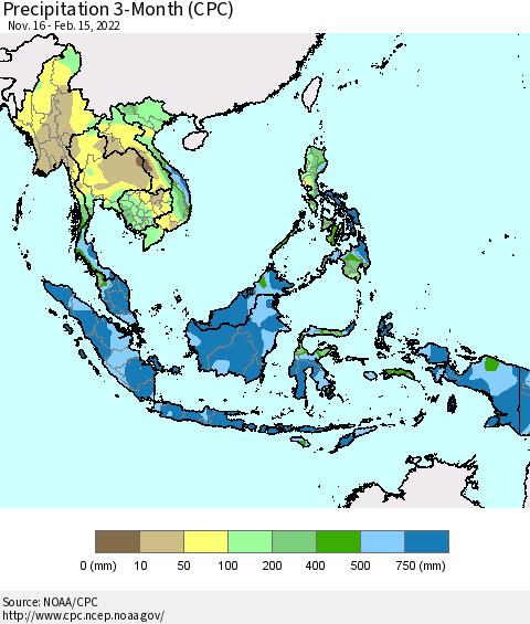 South East Asia Precipitation 3-Month (CPC) Thematic Map For 11/16/2021 - 2/15/2022