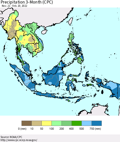 South East Asia Precipitation 3-Month (CPC) Thematic Map For 11/21/2021 - 2/20/2022