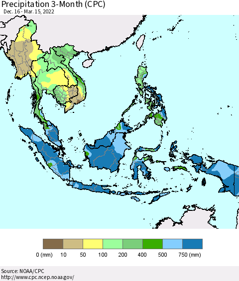 South East Asia Precipitation 3-Month (CPC) Thematic Map For 12/16/2021 - 3/15/2022