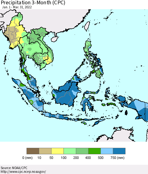 South East Asia Precipitation 3-Month (CPC) Thematic Map For 1/1/2022 - 3/31/2022