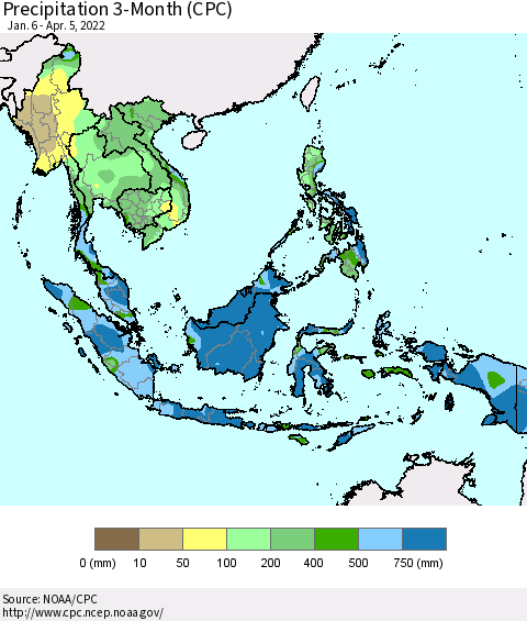 South East Asia Precipitation 3-Month (CPC) Thematic Map For 1/6/2022 - 4/5/2022