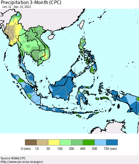 South East Asia Precipitation 3-Month (CPC) Thematic Map For 1/11/2022 - 4/10/2022