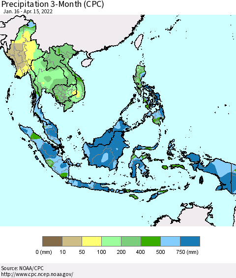 South East Asia Precipitation 3-Month (CPC) Thematic Map For 1/16/2022 - 4/15/2022