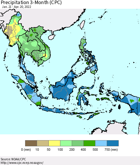 South East Asia Precipitation 3-Month (CPC) Thematic Map For 1/21/2022 - 4/20/2022
