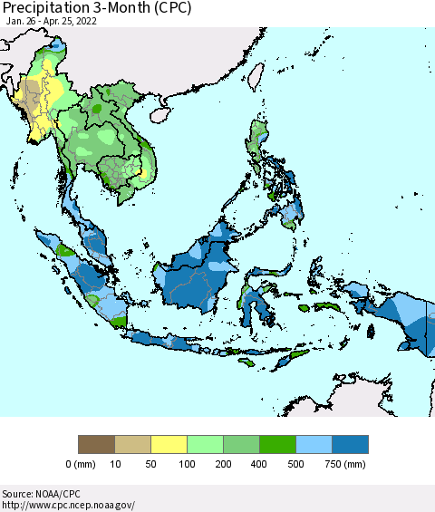 South East Asia Precipitation 3-Month (CPC) Thematic Map For 1/26/2022 - 4/25/2022
