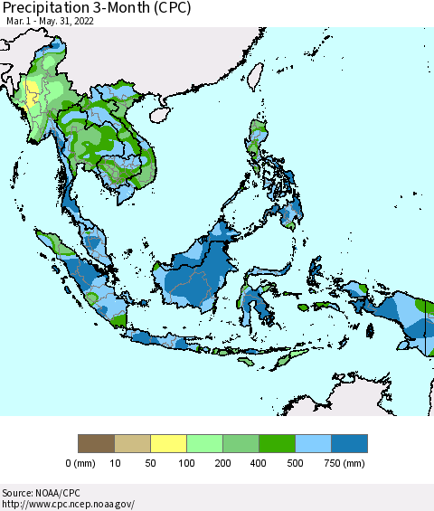 South East Asia Precipitation 3-Month (CPC) Thematic Map For 3/1/2022 - 5/31/2022