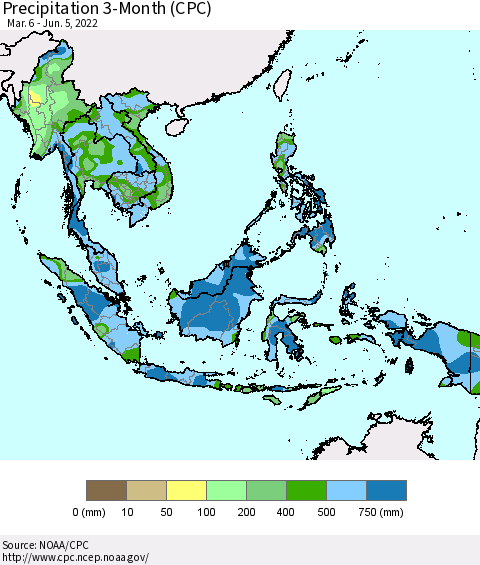 South East Asia Precipitation 3-Month (CPC) Thematic Map For 3/6/2022 - 6/5/2022