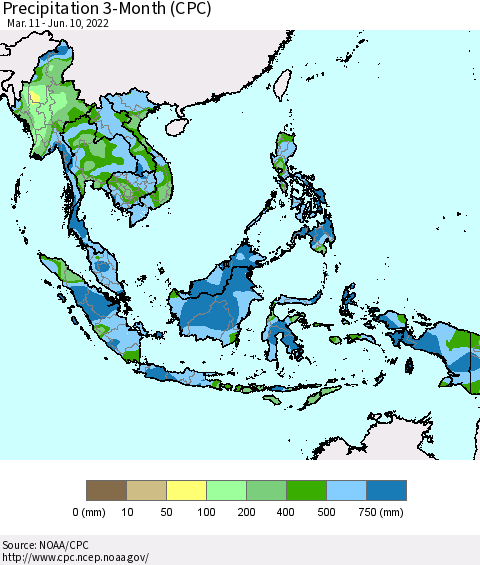 South East Asia Precipitation 3-Month (CPC) Thematic Map For 3/11/2022 - 6/10/2022