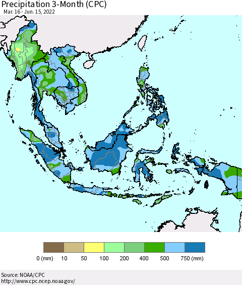 South East Asia Precipitation 3-Month (CPC) Thematic Map For 3/16/2022 - 6/15/2022