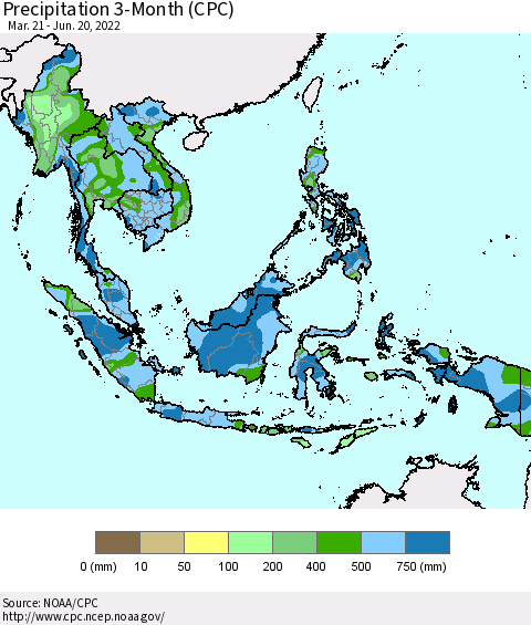 South East Asia Precipitation 3-Month (CPC) Thematic Map For 3/21/2022 - 6/20/2022