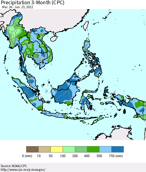 South East Asia Precipitation 3-Month (CPC) Thematic Map For 3/26/2022 - 6/25/2022