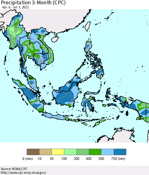 South East Asia Precipitation 3-Month (CPC) Thematic Map For 4/6/2022 - 7/5/2022