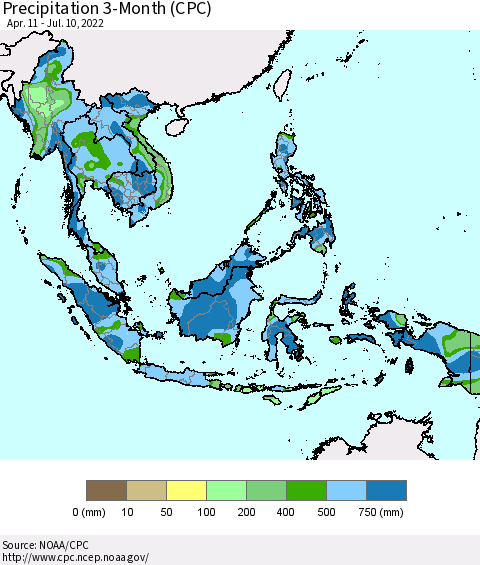 South East Asia Precipitation 3-Month (CPC) Thematic Map For 4/11/2022 - 7/10/2022