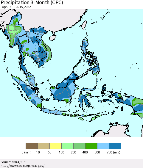 South East Asia Precipitation 3-Month (CPC) Thematic Map For 4/16/2022 - 7/15/2022