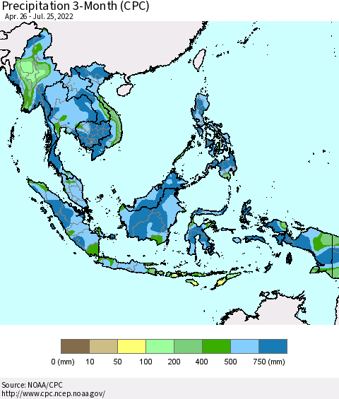 South East Asia Precipitation 3-Month (CPC) Thematic Map For 4/26/2022 - 7/25/2022