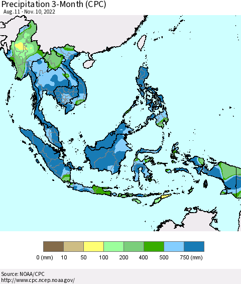 South East Asia Precipitation 3-Month (CPC) Thematic Map For 8/11/2022 - 11/10/2022