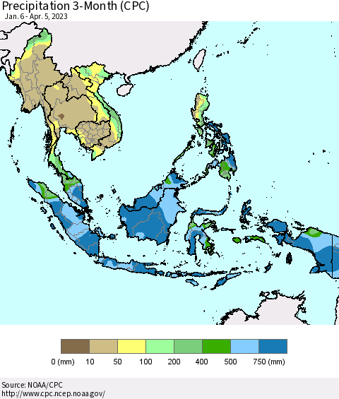 South East Asia Precipitation 3-Month (CPC) Thematic Map For 1/6/2023 - 4/5/2023