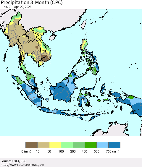 South East Asia Precipitation 3-Month (CPC) Thematic Map For 1/21/2023 - 4/20/2023