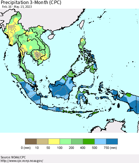 South East Asia Precipitation 3-Month (CPC) Thematic Map For 2/16/2023 - 5/15/2023