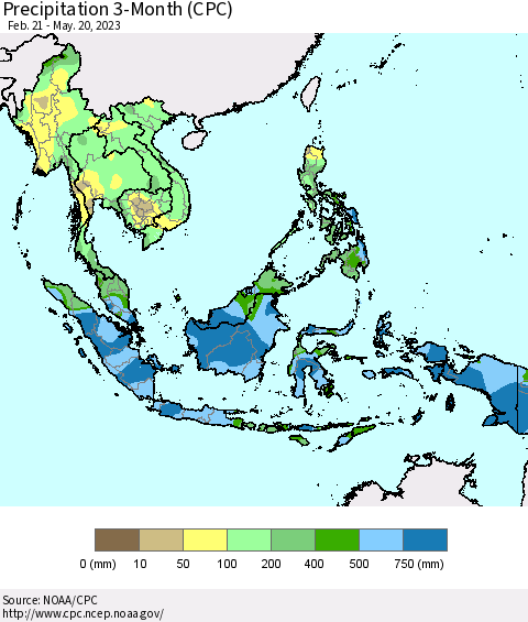 South East Asia Precipitation 3-Month (CPC) Thematic Map For 2/21/2023 - 5/20/2023