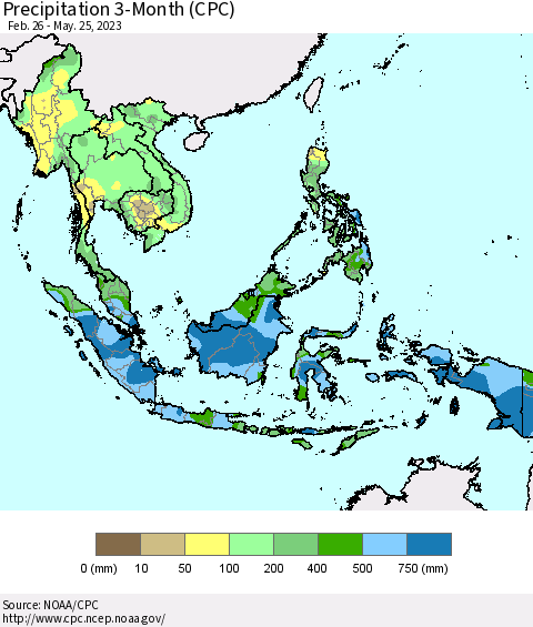 South East Asia Precipitation 3-Month (CPC) Thematic Map For 2/26/2023 - 5/25/2023
