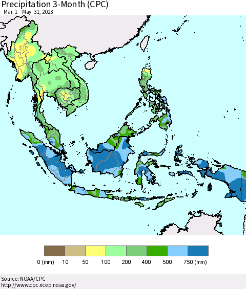South East Asia Precipitation 3-Month (CPC) Thematic Map For 3/1/2023 - 5/31/2023