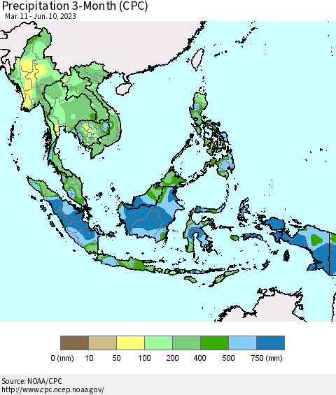 South East Asia Precipitation 3-Month (CPC) Thematic Map For 3/11/2023 - 6/10/2023
