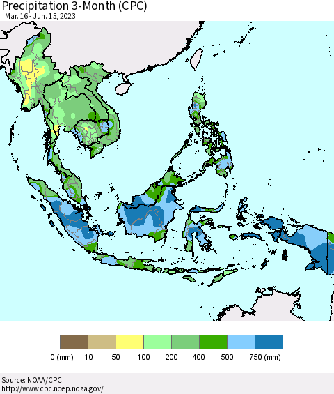 South East Asia Precipitation 3-Month (CPC) Thematic Map For 3/16/2023 - 6/15/2023
