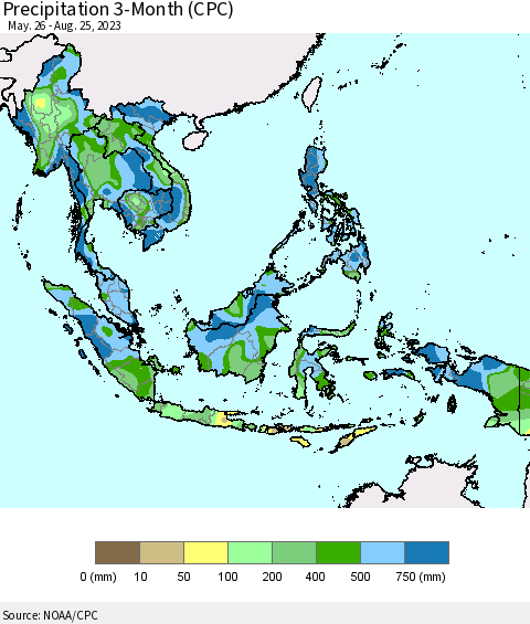 South East Asia Precipitation 3-Month (CPC) Thematic Map For 5/26/2023 - 8/25/2023
