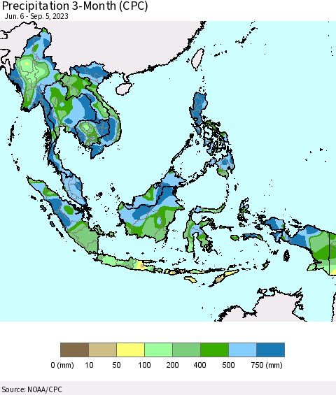 South East Asia Precipitation 3-Month (CPC) Thematic Map For 6/6/2023 - 9/5/2023
