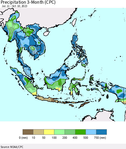 South East Asia Precipitation 3-Month (CPC) Thematic Map For 7/11/2023 - 10/10/2023