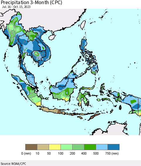 South East Asia Precipitation 3-Month (CPC) Thematic Map For 7/16/2023 - 10/15/2023