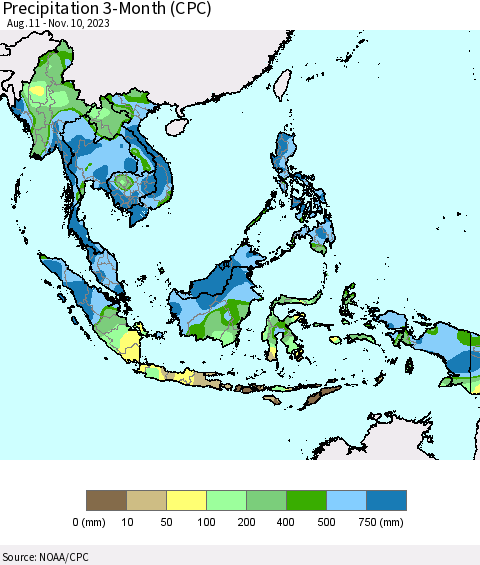 South East Asia Precipitation 3-Month (CPC) Thematic Map For 8/11/2023 - 11/10/2023