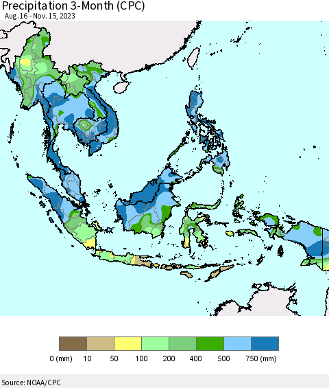 South East Asia Precipitation 3-Month (CPC) Thematic Map For 8/16/2023 - 11/15/2023