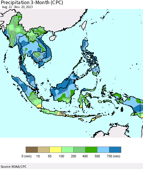 South East Asia Precipitation 3-Month (CPC) Thematic Map For 8/21/2023 - 11/20/2023