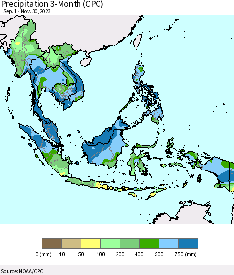 South East Asia Precipitation 3-Month (CPC) Thematic Map For 9/1/2023 - 11/30/2023