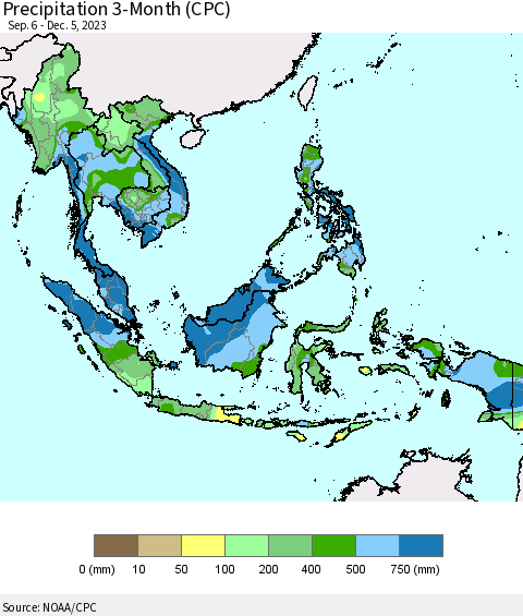 South East Asia Precipitation 3-Month (CPC) Thematic Map For 9/6/2023 - 12/5/2023