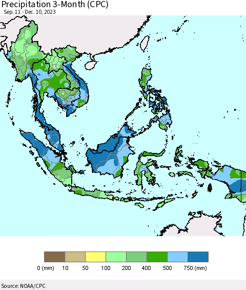 South East Asia Precipitation 3-Month (CPC) Thematic Map For 9/11/2023 - 12/10/2023