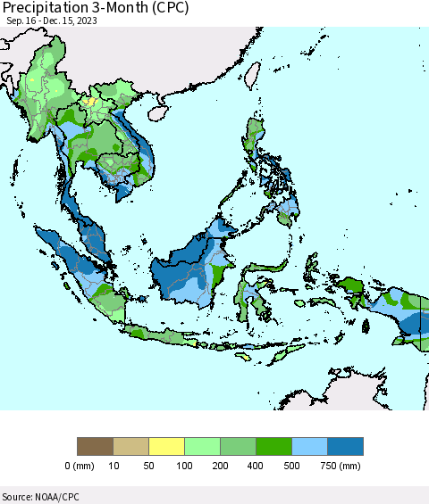 South East Asia Precipitation 3-Month (CPC) Thematic Map For 9/16/2023 - 12/15/2023