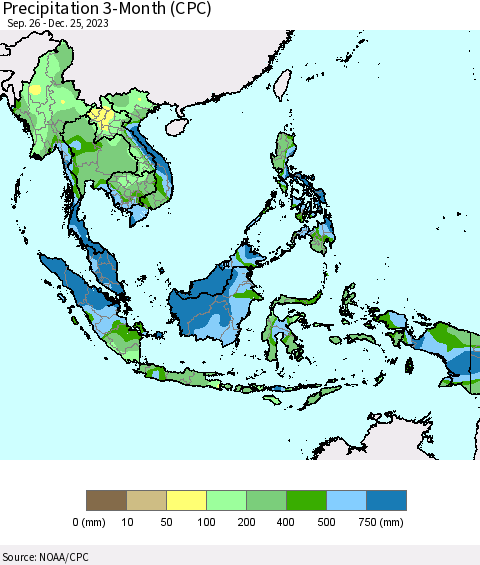 South East Asia Precipitation 3-Month (CPC) Thematic Map For 9/26/2023 - 12/25/2023