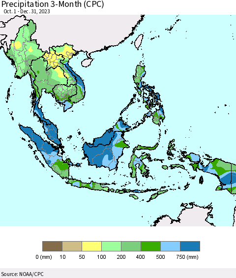 South East Asia Precipitation 3-Month (CPC) Thematic Map For 10/1/2023 - 12/31/2023